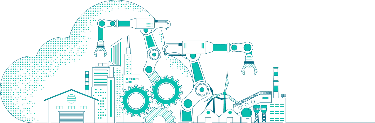 Stylized illustration of factories and robotic arms connected through a cloud, symbolizing an IoT ecosystem